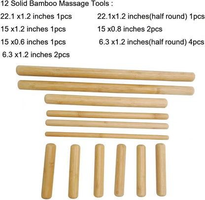 Bamboo Massage Tools Green Therapy Kit of 100% Solid Bamboo Sticks to Full Body Massage and Reduce Deep Seated Pain,Set of 12.