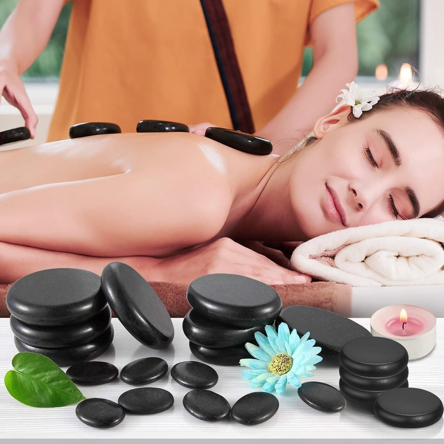 20 Hot Stones for Massage with Warmer, Hot Stones Massage Set with Warmer Kit Basalt Hot Rocks Massage Stone for Spa Warming Therapy Pain Relie