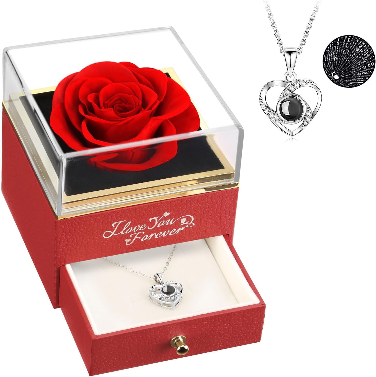 Gifts for Her Preserved Real Red Rose with I Love You Necklace, Forever Flowers Rose Gifts for Mom Wife Girlfriend Mothers Day Christmas Anniversary or Birthday Gifts for Women