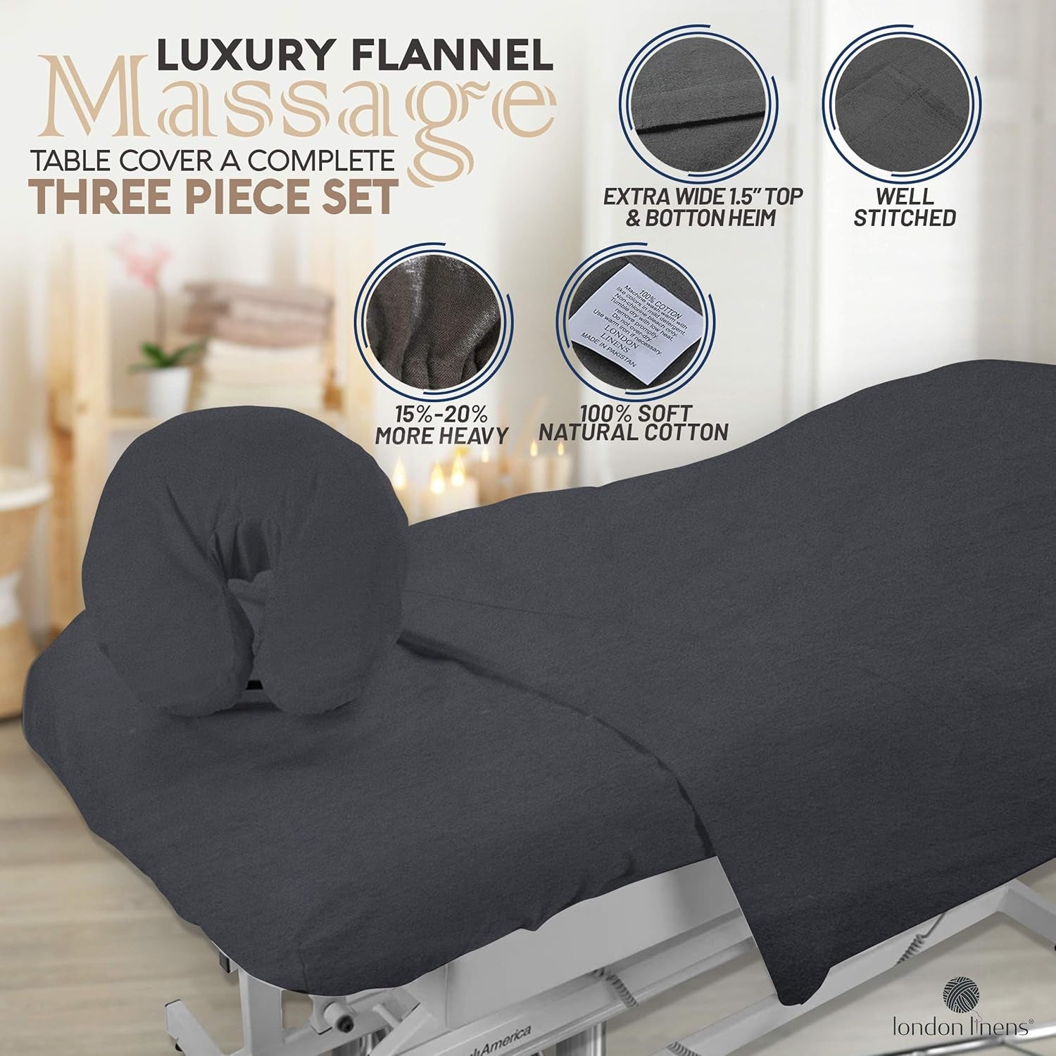 3 Piece Set Massage Table Sheets Set - 100% Natural Cotton Flannel- Includes Massage Table Cover, Massage Fitted Sheet, and Massage Face Rest Cover (Charcoal Grey)