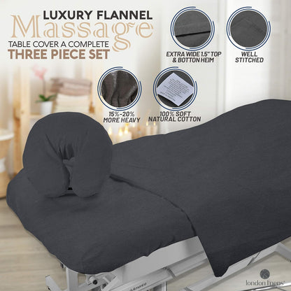 3 Piece Set Massage Table Sheets Set - 100% Natural Cotton Flannel- Includes Massage Table Cover, Massage Fitted Sheet, and Massage Face Rest Cover (Charcoal Grey)