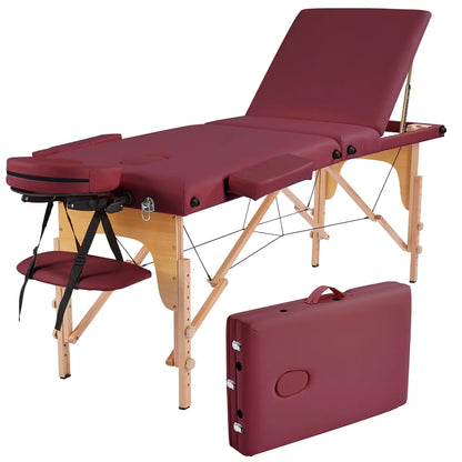 3-Fold Portable Wooden Massage Table for Spa Treatments & Tattoos, 84",Burgundy