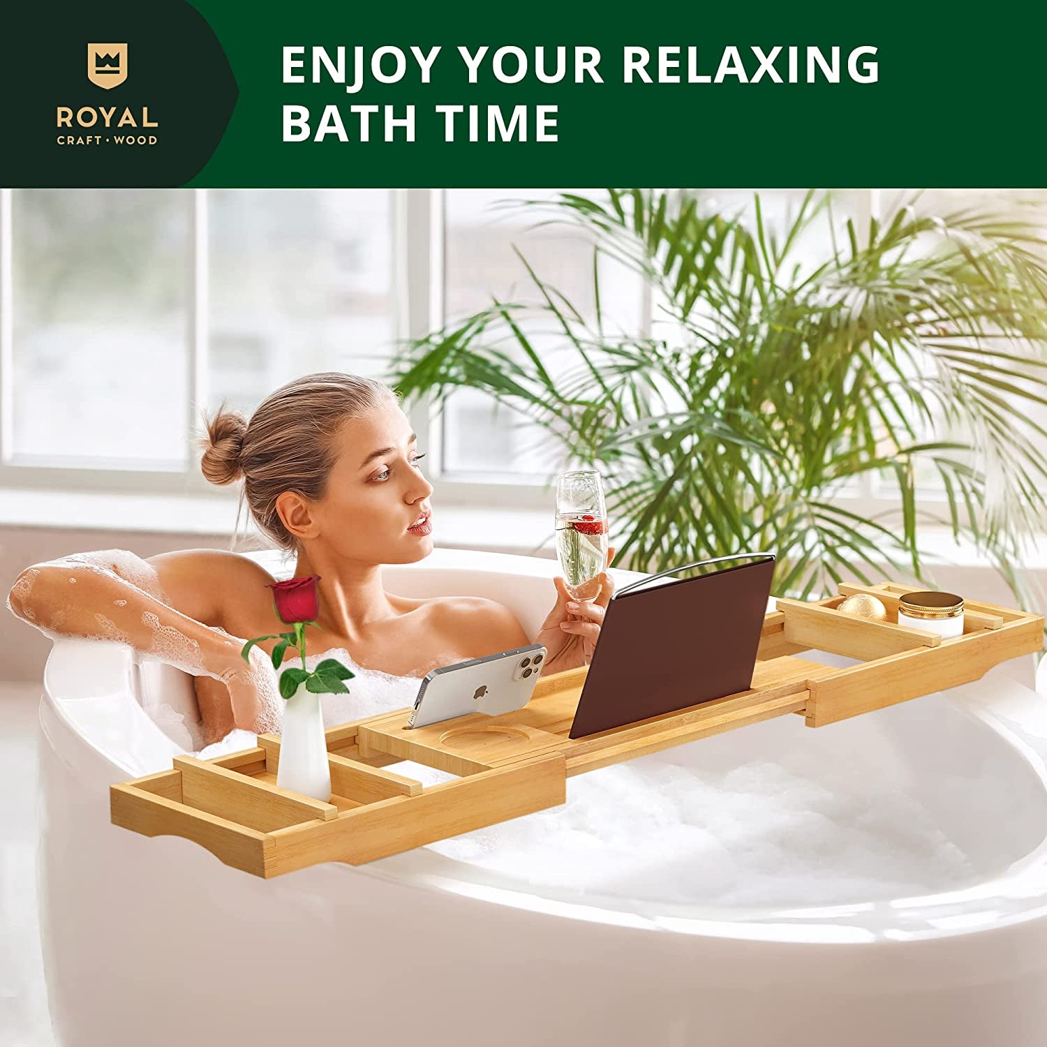 Luxury Bathtub Caddy Tray One or Two Person Bath and Bed Tray Bonus Free Soap Holder (Natural Bamboo Color)