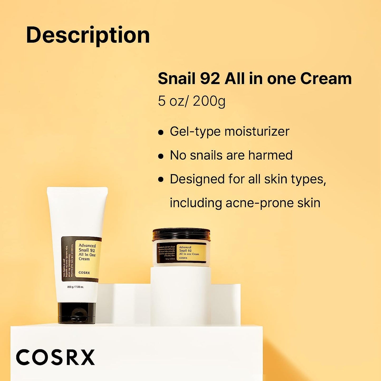 Snail Mucin 92% Repair Cream Large Size 200G, Daily Face Gel Moisturizer for Dry Skin, Sensitive Skin, Not Tested on Animals, No Parabens, Korean Skincare