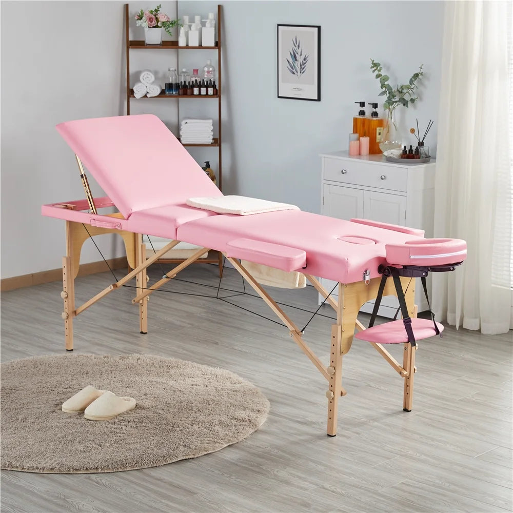 3 Section Portable Wooden Massage Table for Spa Treatments, Pink