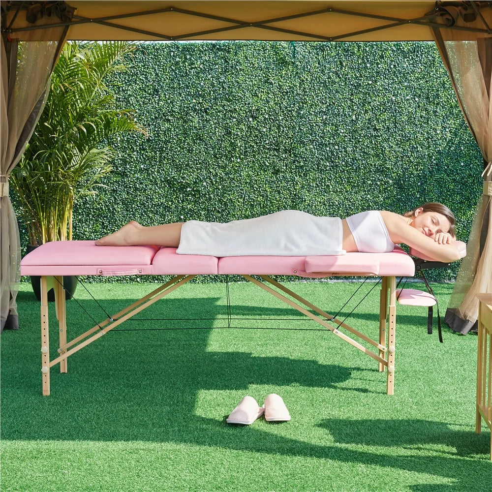 3 Section Portable Wooden Massage Table for Spa Treatments, Pink