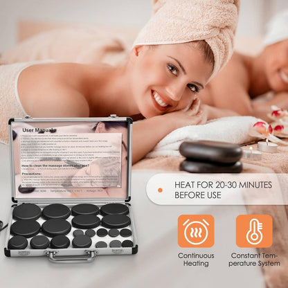 20 Hot Stones for Massage with Warmer, Hot Stones Massage Set with Warmer Kit Basalt Hot Rocks Massage Stone for Spa Warming Therapy Pain Relie