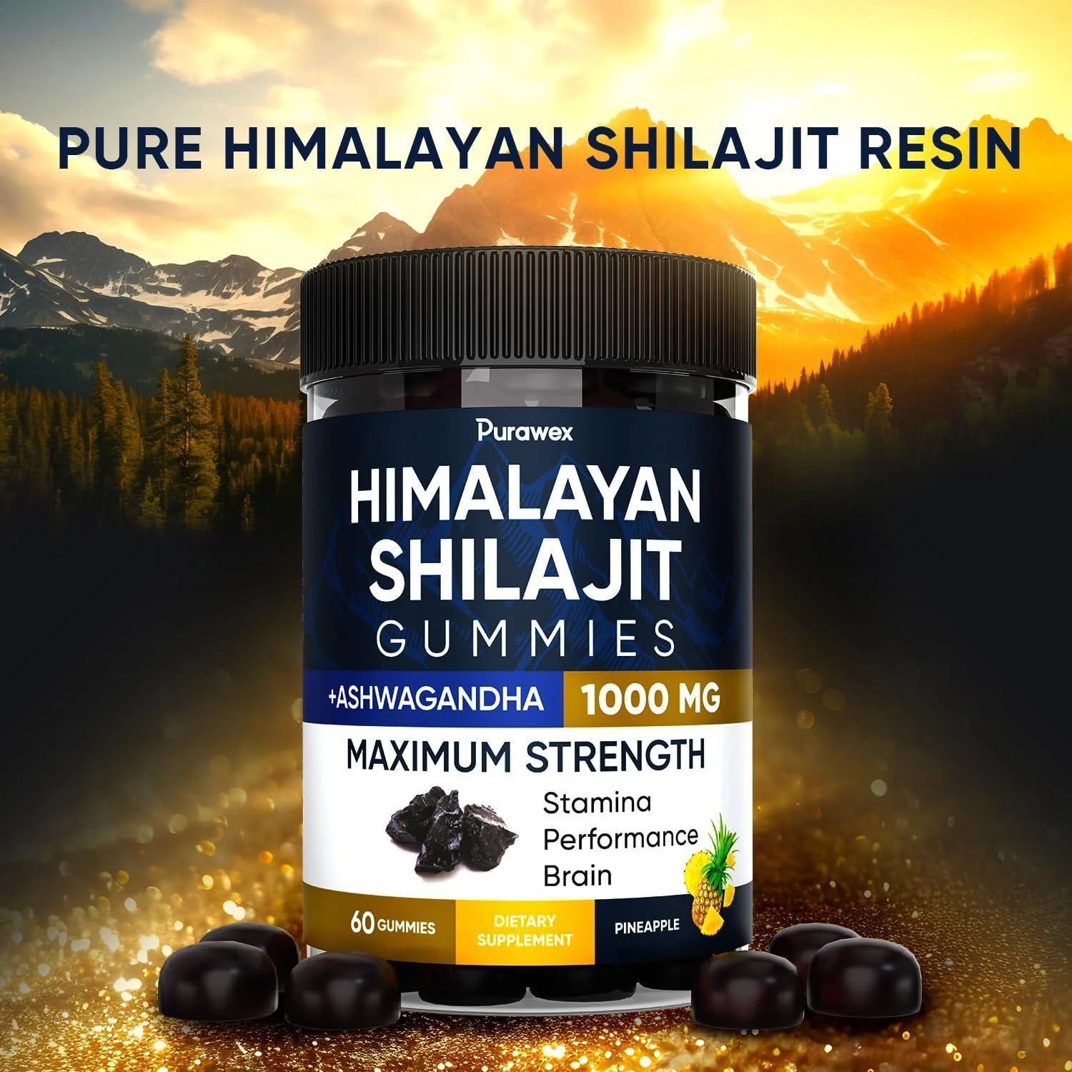 Shilajit Gummies 1000Mg for Men Women Vegan Sugar Free Pineapple Flavor 60