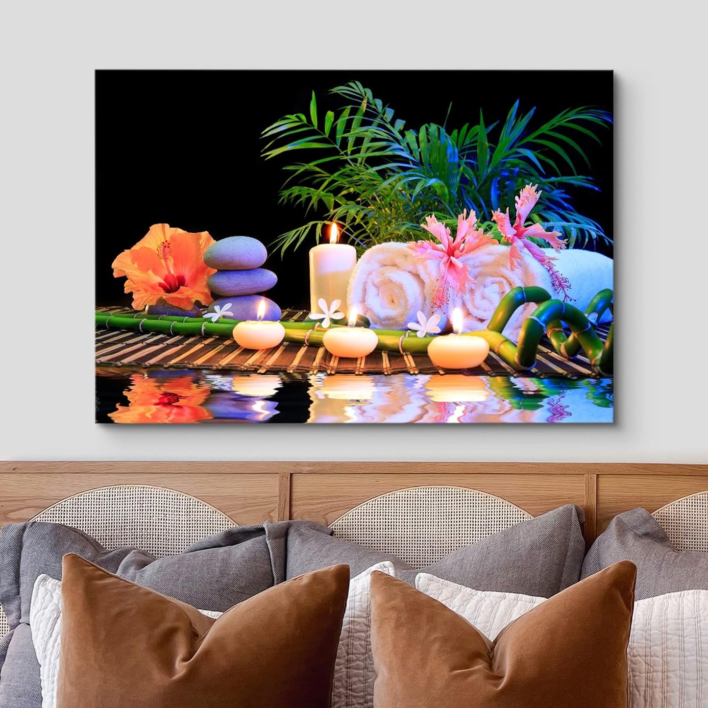 Canvas Print Wall Art Relaxing Zen Spa Tropical Leaf Pastel Flower Massage Stones Nature Yoga Photography Modern Art Contemporary Decorative Chic for Living Room, Bedroom, Office - 16"X24"