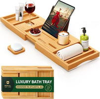 Luxury Bathtub Caddy Tray One or Two Person Bath and Bed Tray Bonus Free Soap Holder (Natural Bamboo Color)