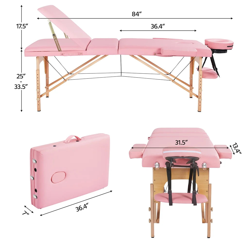 3 Section Portable Wooden Massage Table for Spa Treatments, Pink