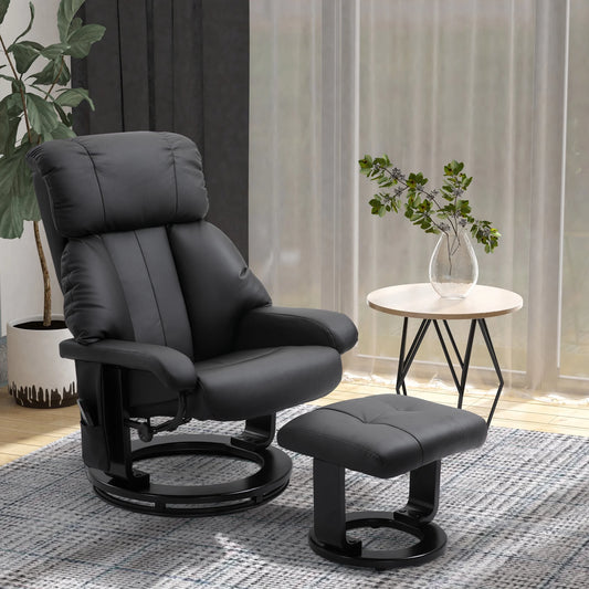 Massage Recliner Chair with Ottoman, 360° Swivel Recliner and Footstool, 10 Point Vibration, PU Leather Reclining Chair with Side Pocket and Remote Control, Black