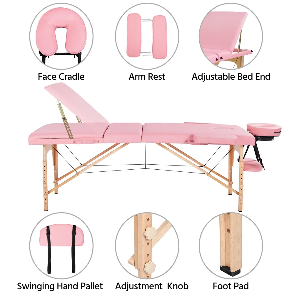 3 Section Portable Wooden Massage Table for Spa Treatments, Pink