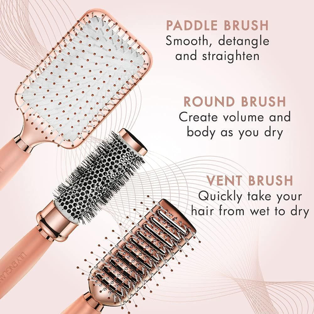 Hair Brush Set of 3 - round Brush, Skeleton Brush, Paddle Brush, Hair Brush without Pulling, Ergonomic Handle, Detangler Brush, Women'S Gift (Rose Gold)