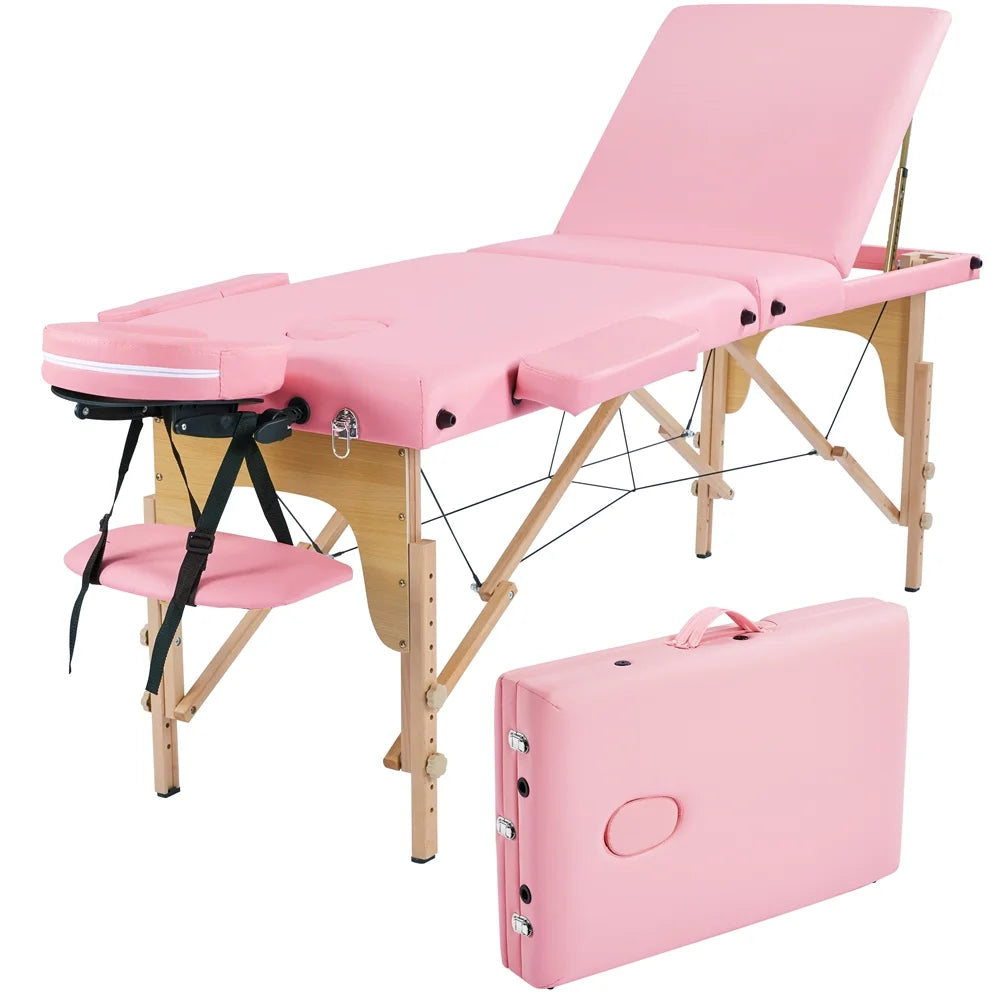 3 Section Portable Wooden Massage Table for Spa Treatments, Pink