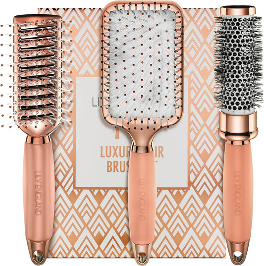 Hair Brush Set of 3 - round Brush, Skeleton Brush, Paddle Brush, Hair Brush without Pulling, Ergonomic Handle, Detangler Brush, Women'S Gift (Rose Gold)