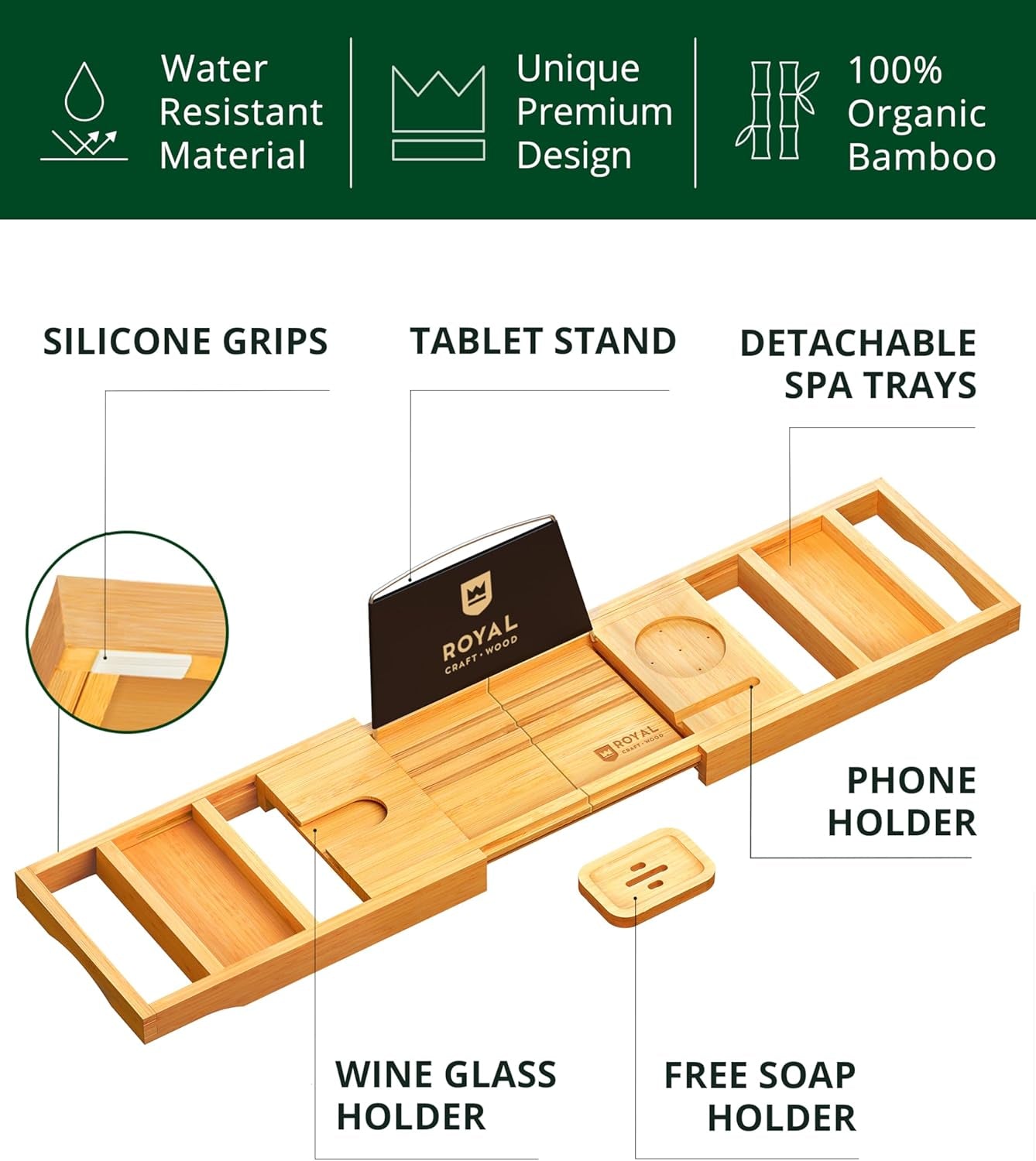 Luxury Bathtub Caddy Tray One or Two Person Bath and Bed Tray Bonus Free Soap Holder (Natural Bamboo Color)