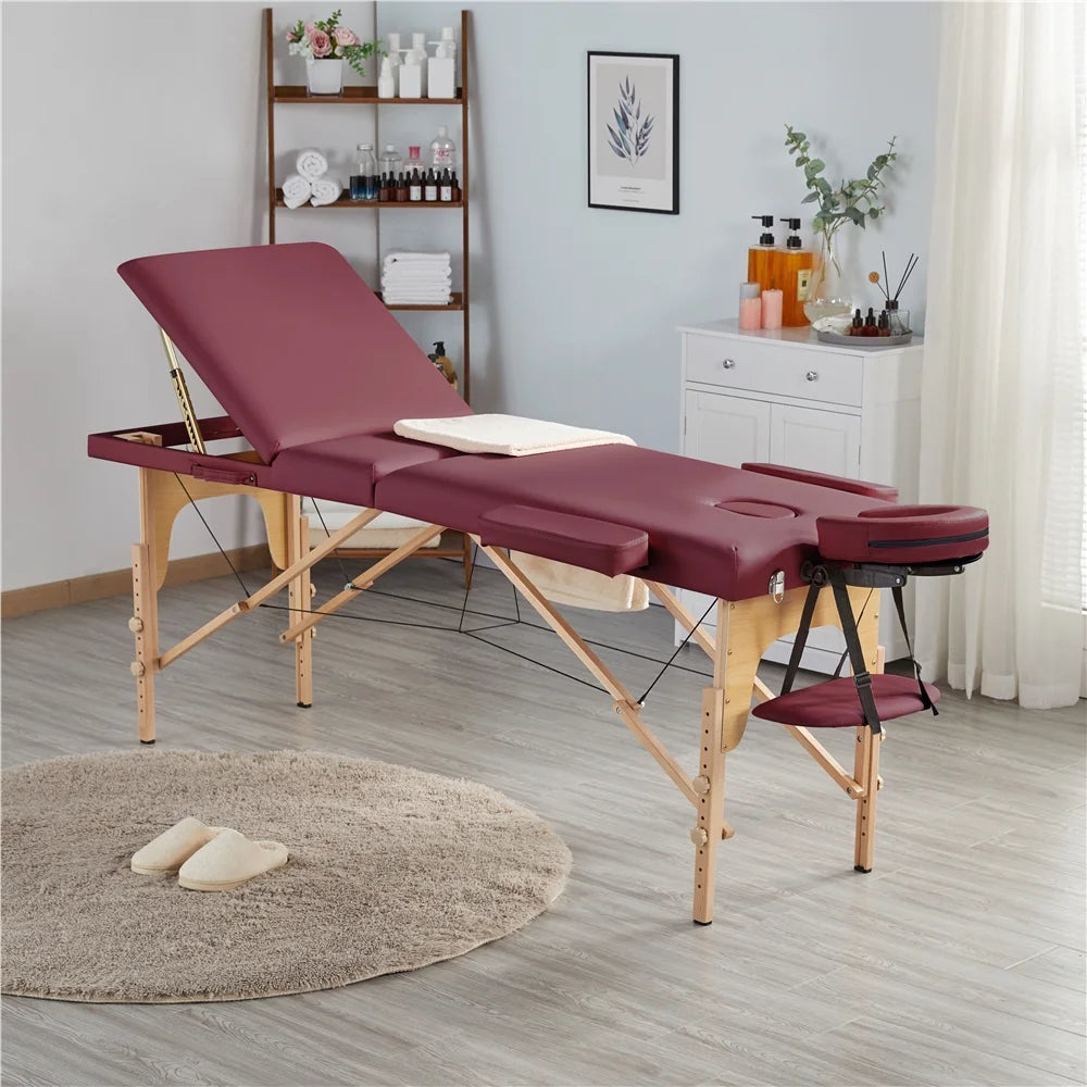 3-Fold Portable Wooden Massage Table for Spa Treatments & Tattoos, 84",Burgundy