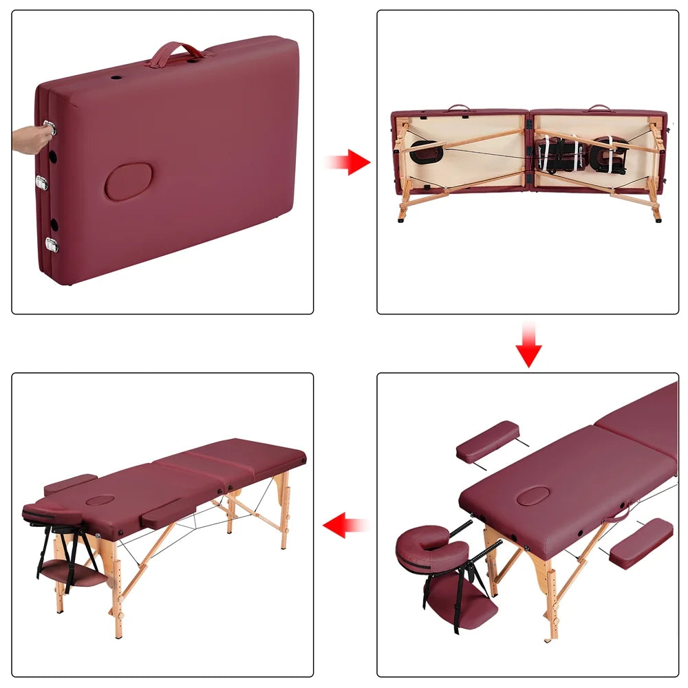 3-Fold Portable Wooden Massage Table for Spa Treatments & Tattoos, 84",Burgundy