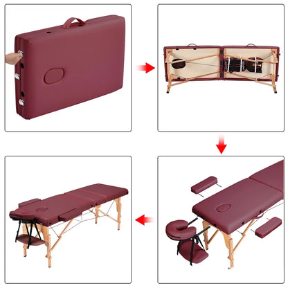 3-Fold Portable Wooden Massage Table for Spa Treatments & Tattoos, 84",Burgundy