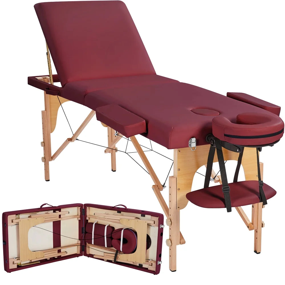 3-Fold Portable Wooden Massage Table for Spa Treatments & Tattoos, 84",Burgundy