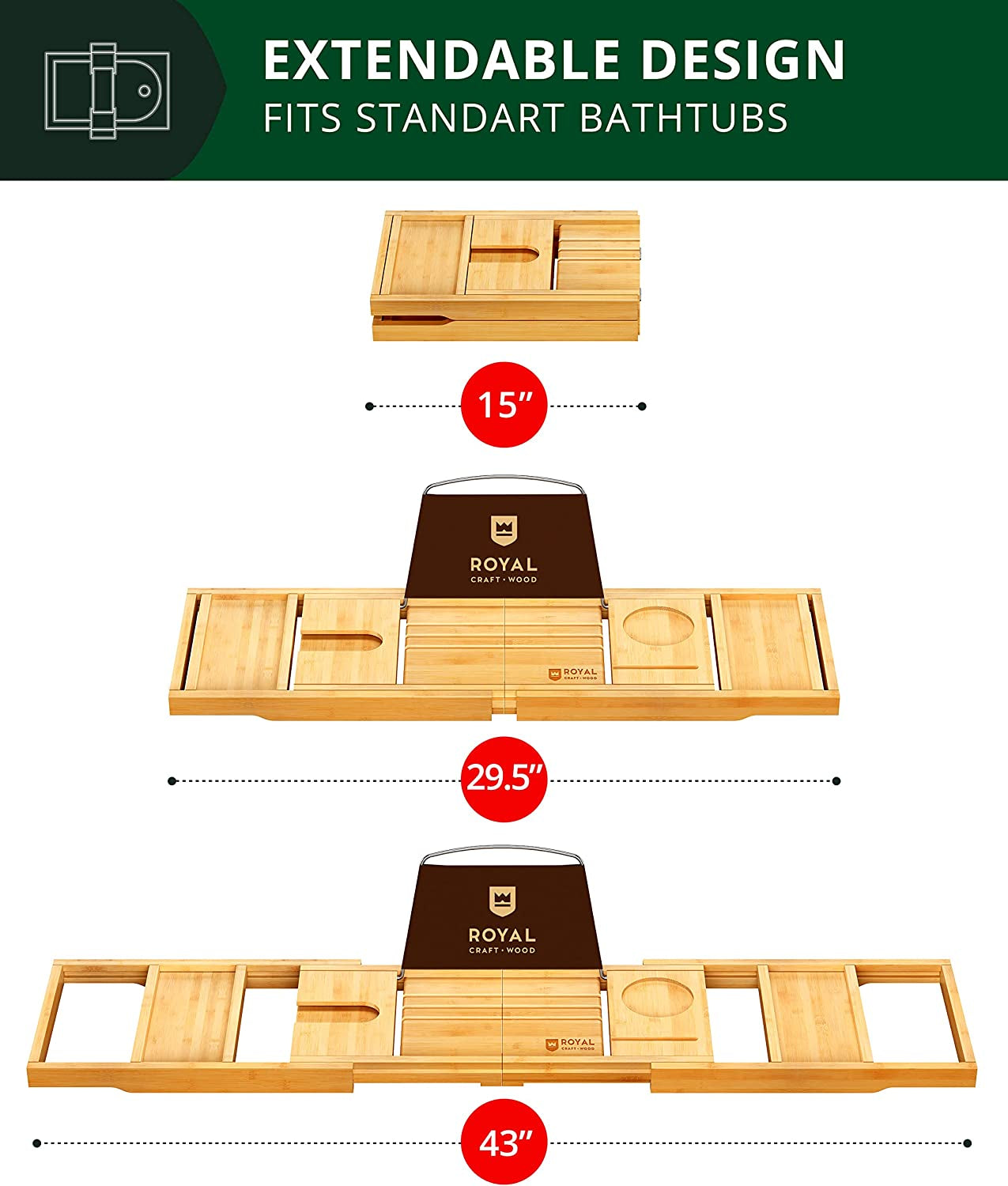 Luxury Bathtub Caddy Tray One or Two Person Bath and Bed Tray Bonus Free Soap Holder (Natural Bamboo Color)