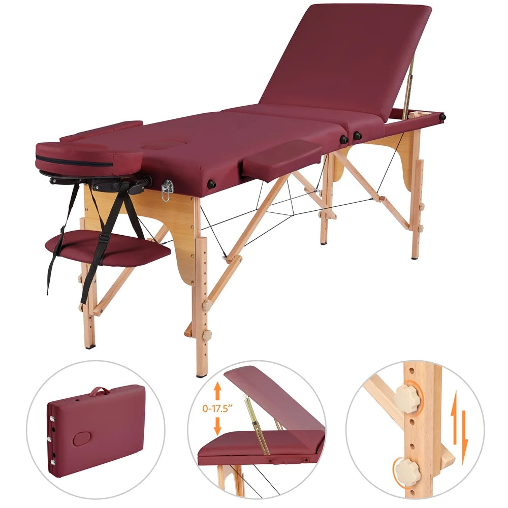 3-Fold Portable Wooden Massage Table for Spa Treatments & Tattoos, 84",Burgundy