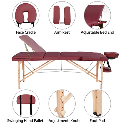 3-Fold Portable Wooden Massage Table for Spa Treatments & Tattoos, 84",Burgundy