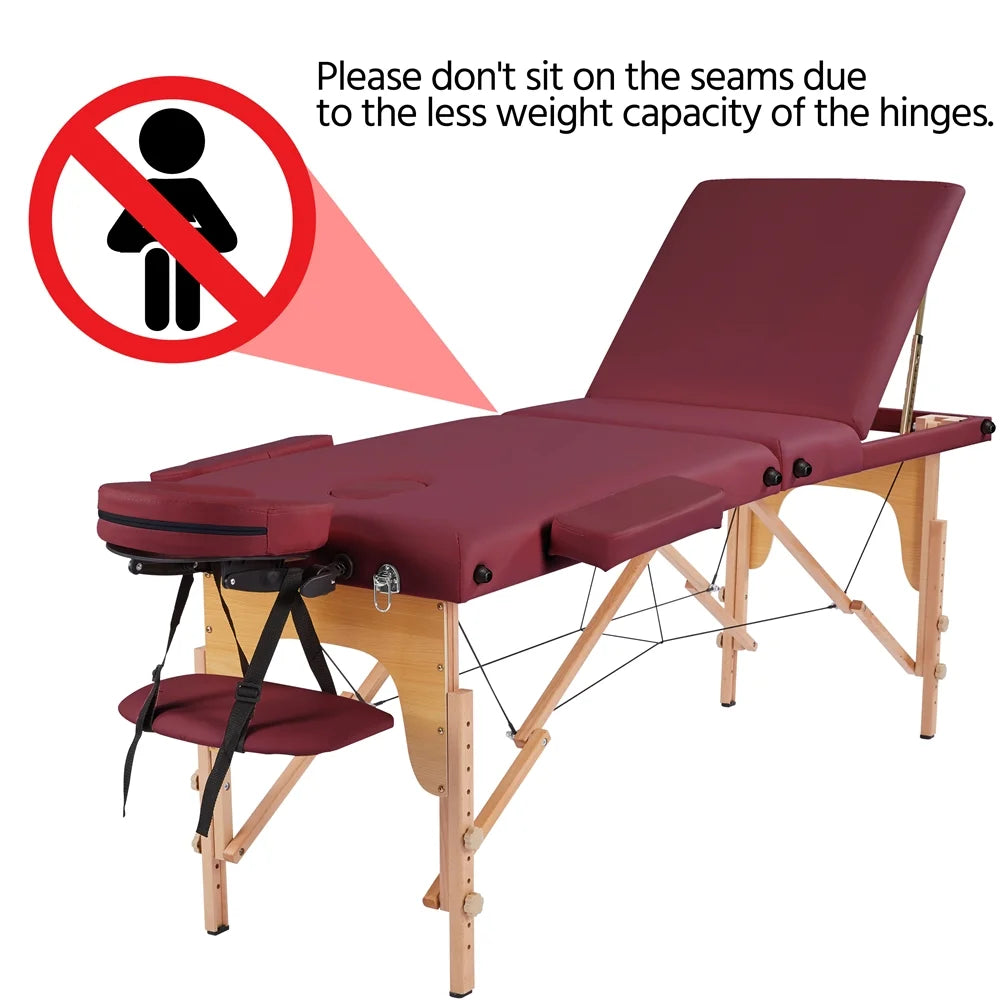 3-Fold Portable Wooden Massage Table for Spa Treatments & Tattoos, 84",Burgundy