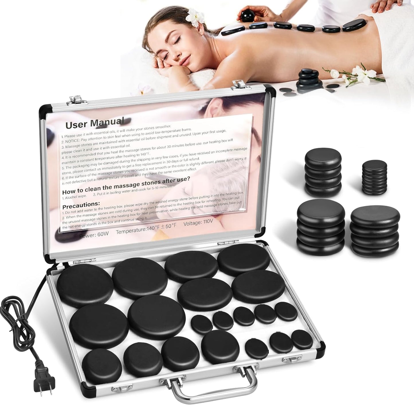 20 Hot Stones for Massage with Warmer, Hot Stones Massage Set with Warmer Kit Basalt Hot Rocks Massage Stone for Spa Warming Therapy Pain Relie