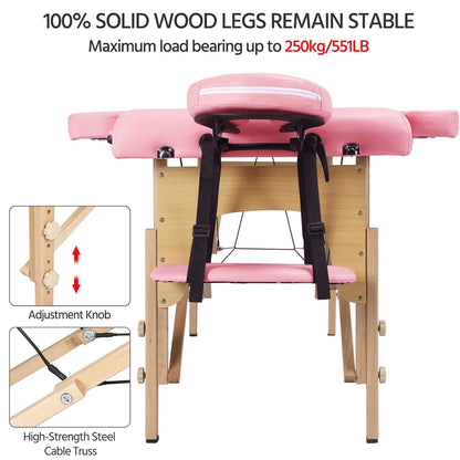 3 Section Portable Wooden Massage Table for Spa Treatments, Pink