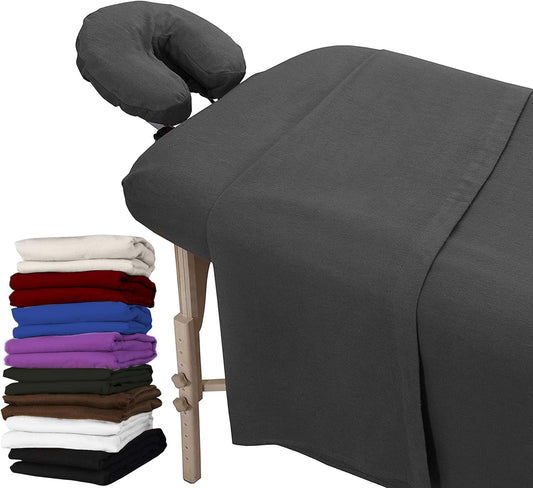 3 Piece Set Massage Table Sheets Set - 100% Natural Cotton Flannel- Includes Massage Table Cover, Massage Fitted Sheet, and Massage Face Rest Cover (Charcoal Grey)