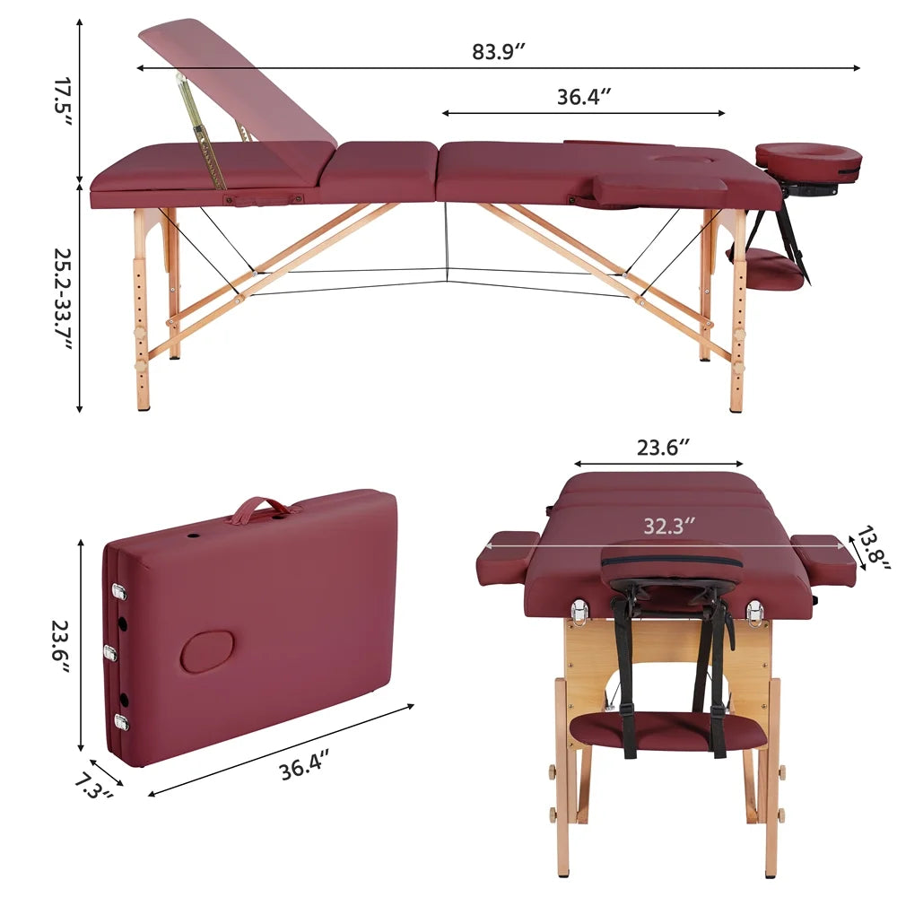 3-Fold Portable Wooden Massage Table for Spa Treatments & Tattoos, 84",Burgundy