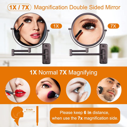 8 Inch Wall Mounted Makeup Mirror, 1X/7X Magnifying Mirror, Double Sided Vanity Makeup Mirror for Bathroom, Bronze