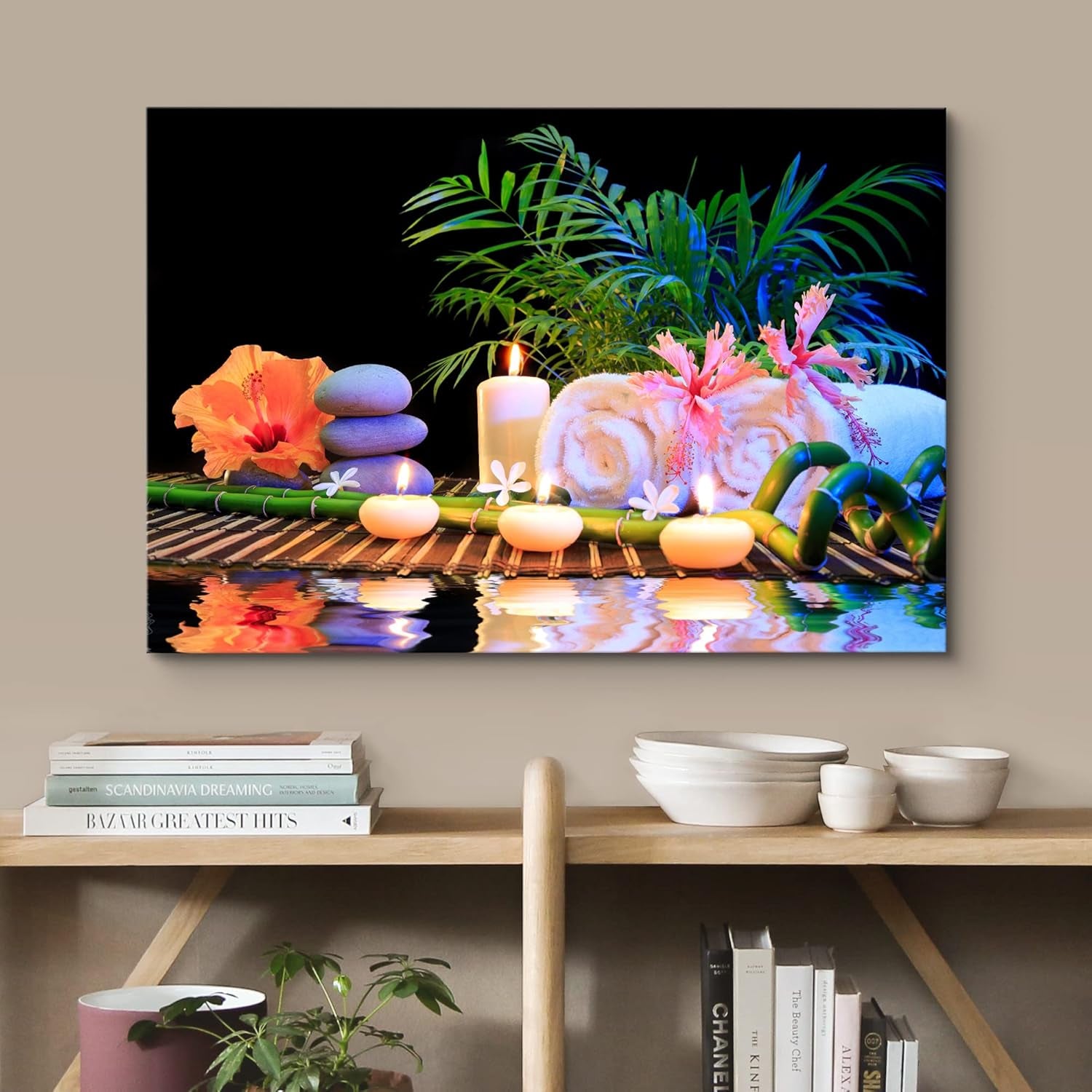 Canvas Print Wall Art Relaxing Zen Spa Tropical Leaf Pastel Flower Massage Stones Nature Yoga Photography Modern Art Contemporary Decorative Chic for Living Room, Bedroom, Office - 16"X24"