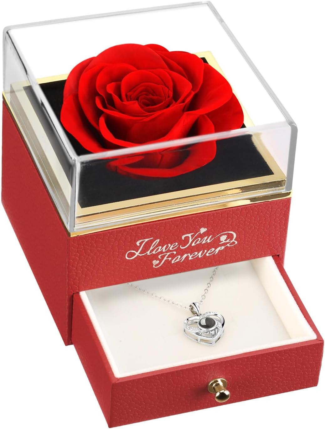 Gifts for Her Preserved Real Red Rose with I Love You Necklace, Forever Flowers Rose Gifts for Mom Wife Girlfriend Mothers Day Christmas Anniversary or Birthday Gifts for Women