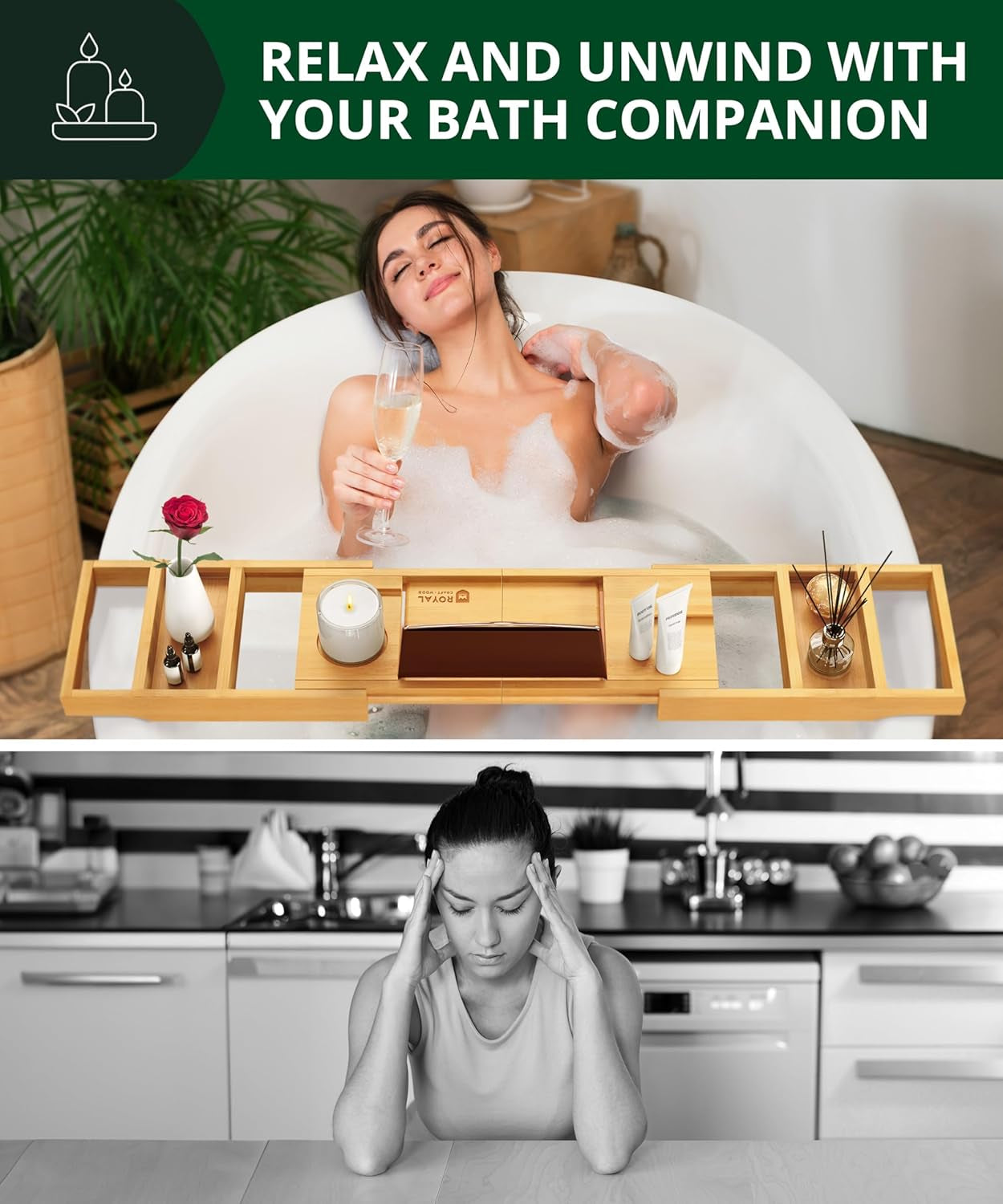 Luxury Bathtub Caddy Tray One or Two Person Bath and Bed Tray Bonus Free Soap Holder (Natural Bamboo Color)